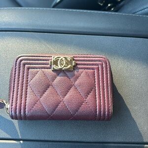 CHANEL Caviar Quilted Boy Zip Around Coin Purse Wallet Dark Purple 2016/2017